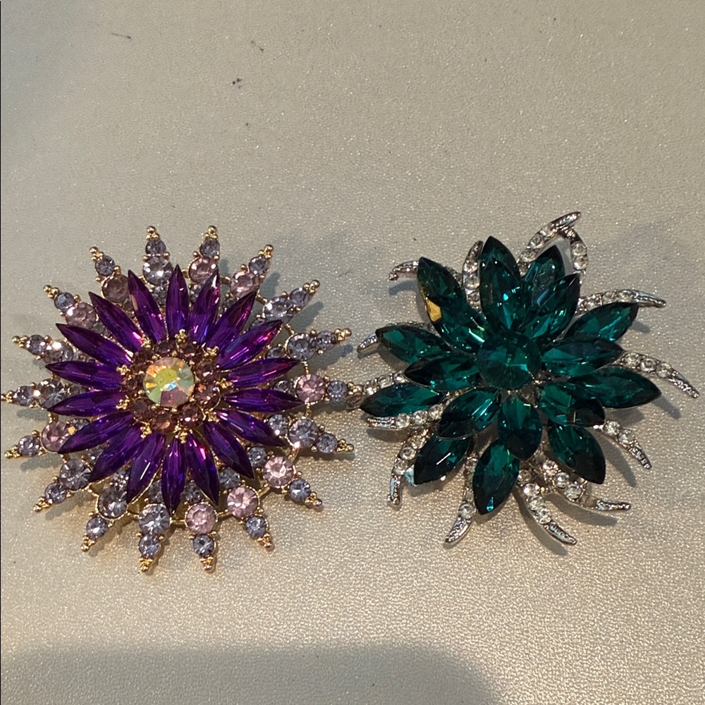 New Purple and Emerald Floral Crystal Brooch Set - Women Jewelry